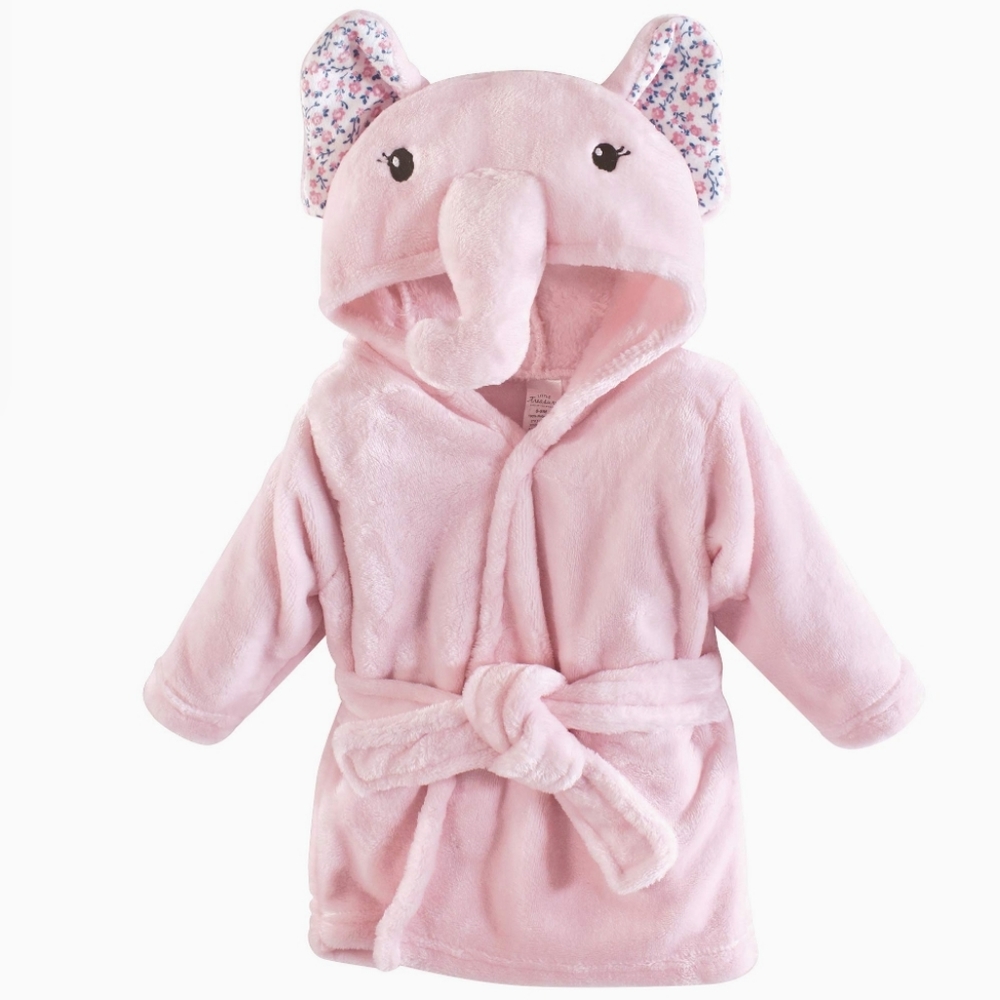 Little Treasure Plush Pink Elephant Hooded Fleece Bath Robe Tie Belt Sz 0-9M EUC